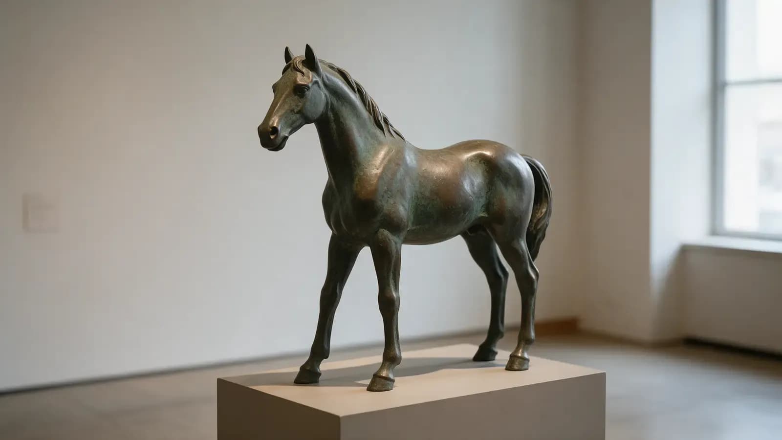Escultura de bronze de um cavalo em uma galeria