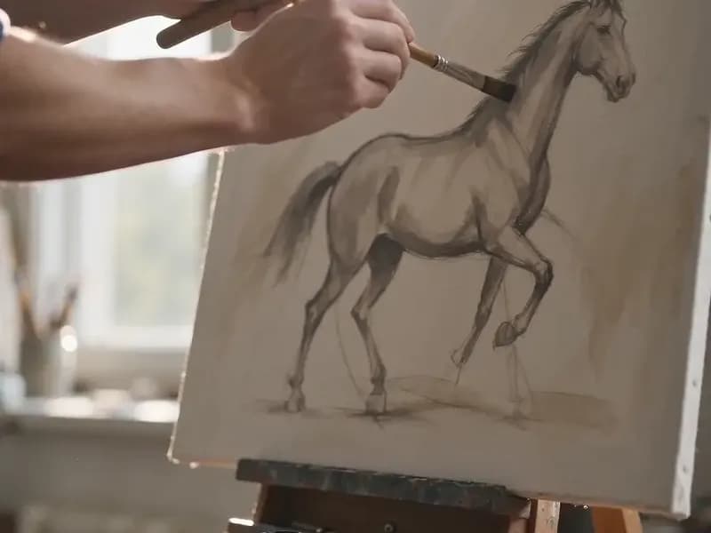 Esboço de cavalo em um cavalete no ateliê