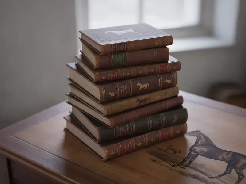 Pilha de livros antigos sobre cavalos em uma mesa de madeira