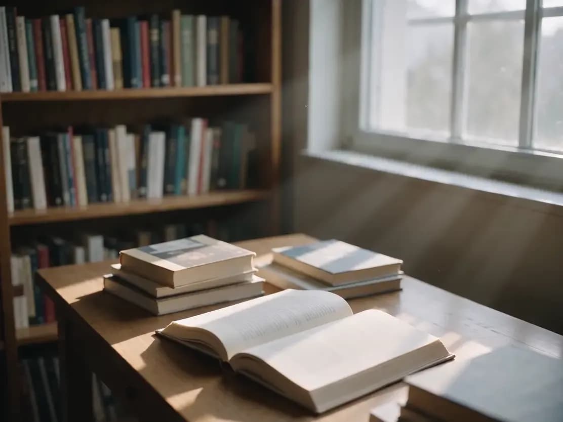 Livro aberto sobre uma mesa de madeira junto à janela