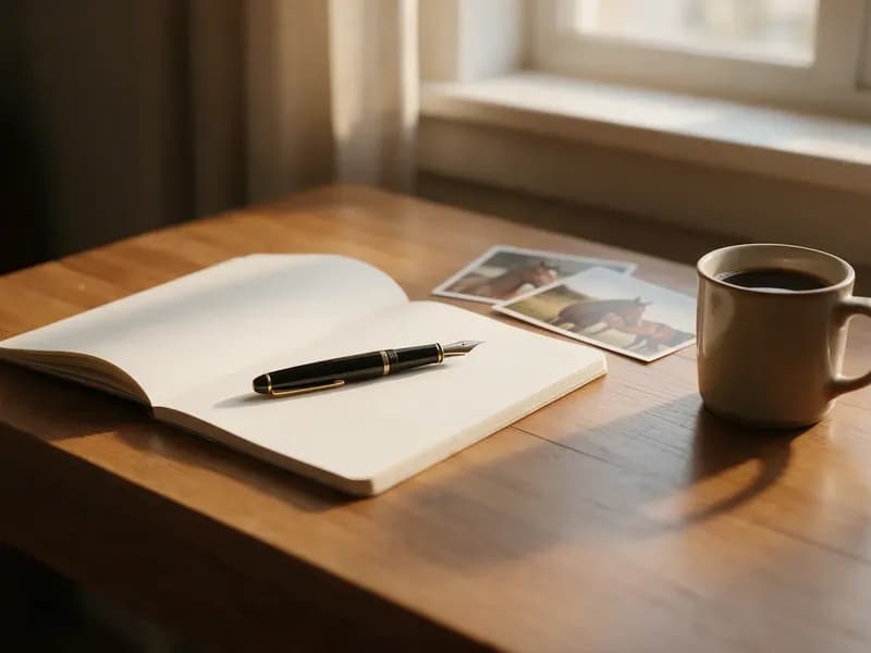 Mesa de trabalho com caderno aberto e fotografias de cavalos
