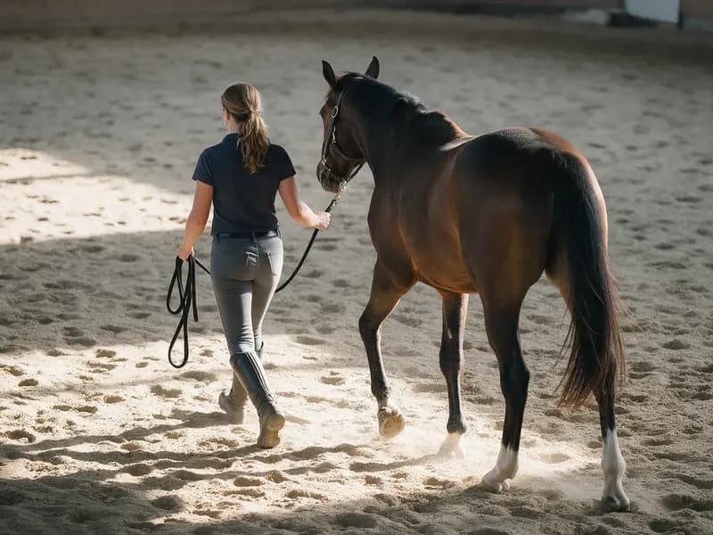 Treinadora conduzindo um cavalo em uma pista de areia