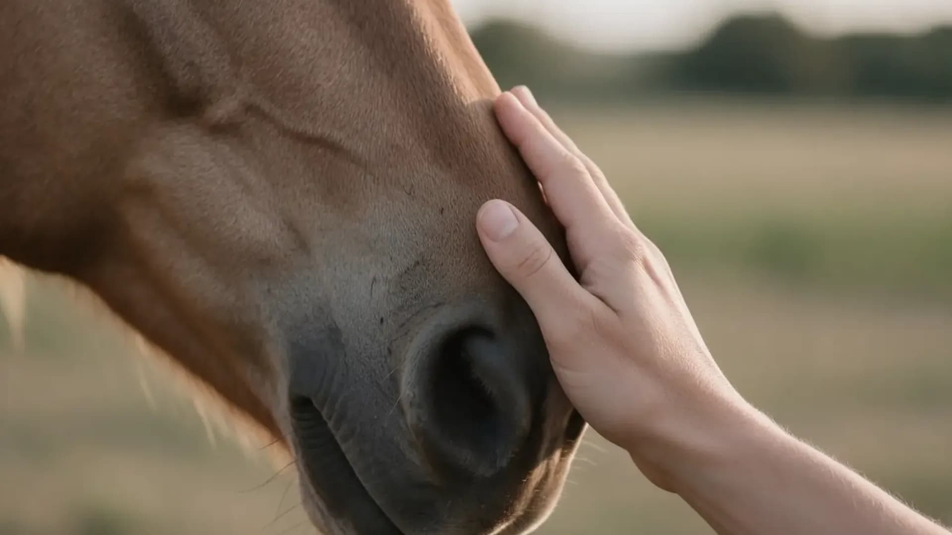 Mão tocando o focinho de um cavalo