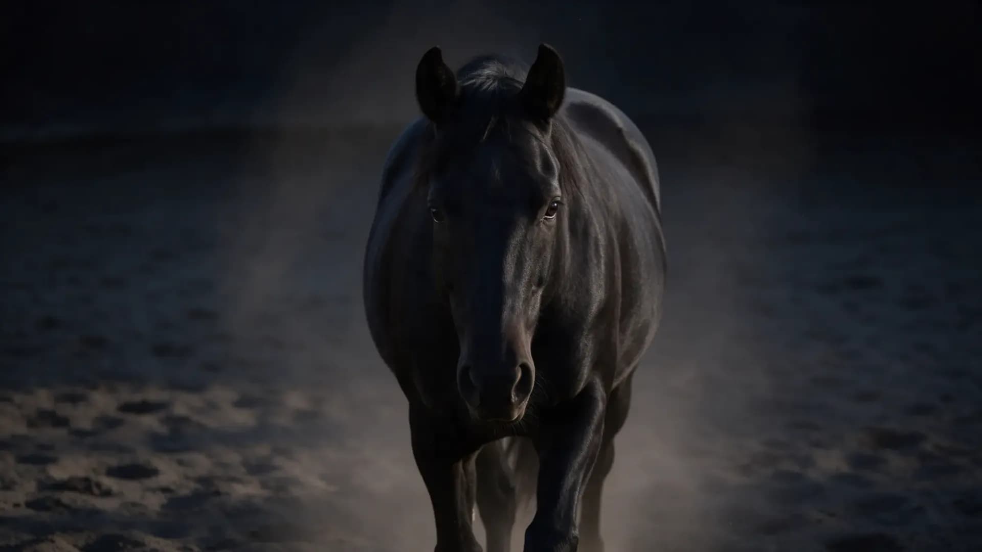Cavalo escuro caminhando em direção à câmera numa arena de areia