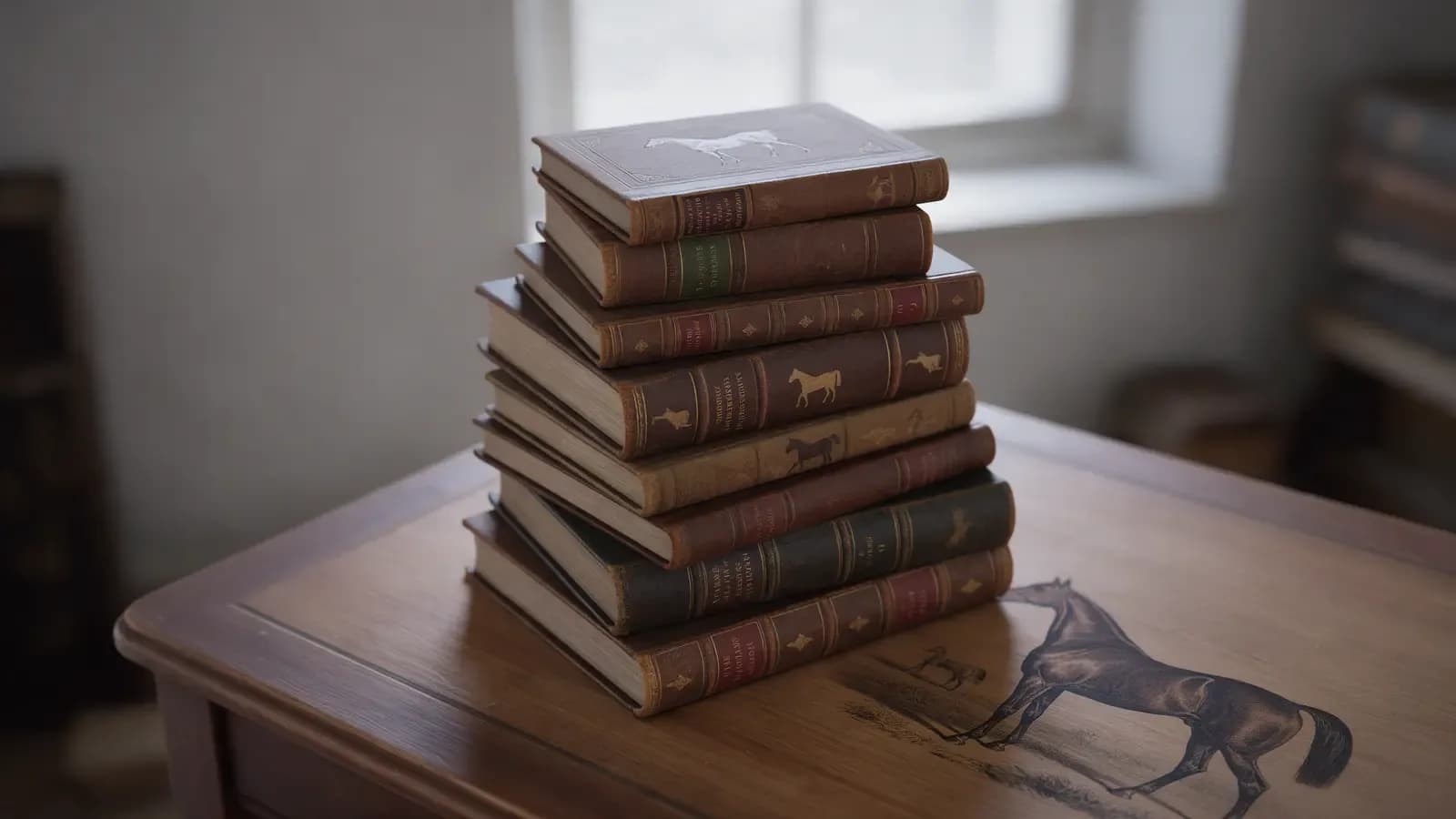 Pilha de livros antigos sobre cavalos em uma mesa de madeira