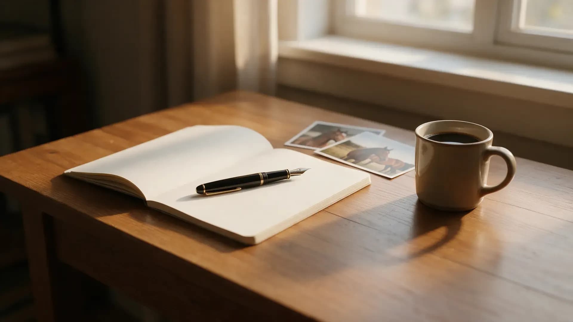 Mesa de trabalho com caderno aberto e fotografias de cavalos