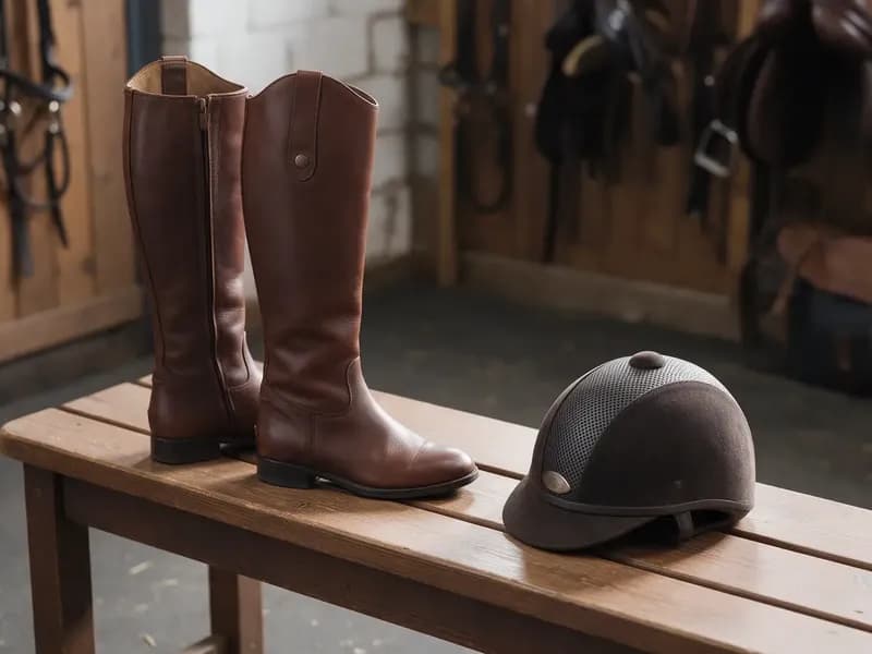 Botas de montaria e capacete sobre um banco na selaria