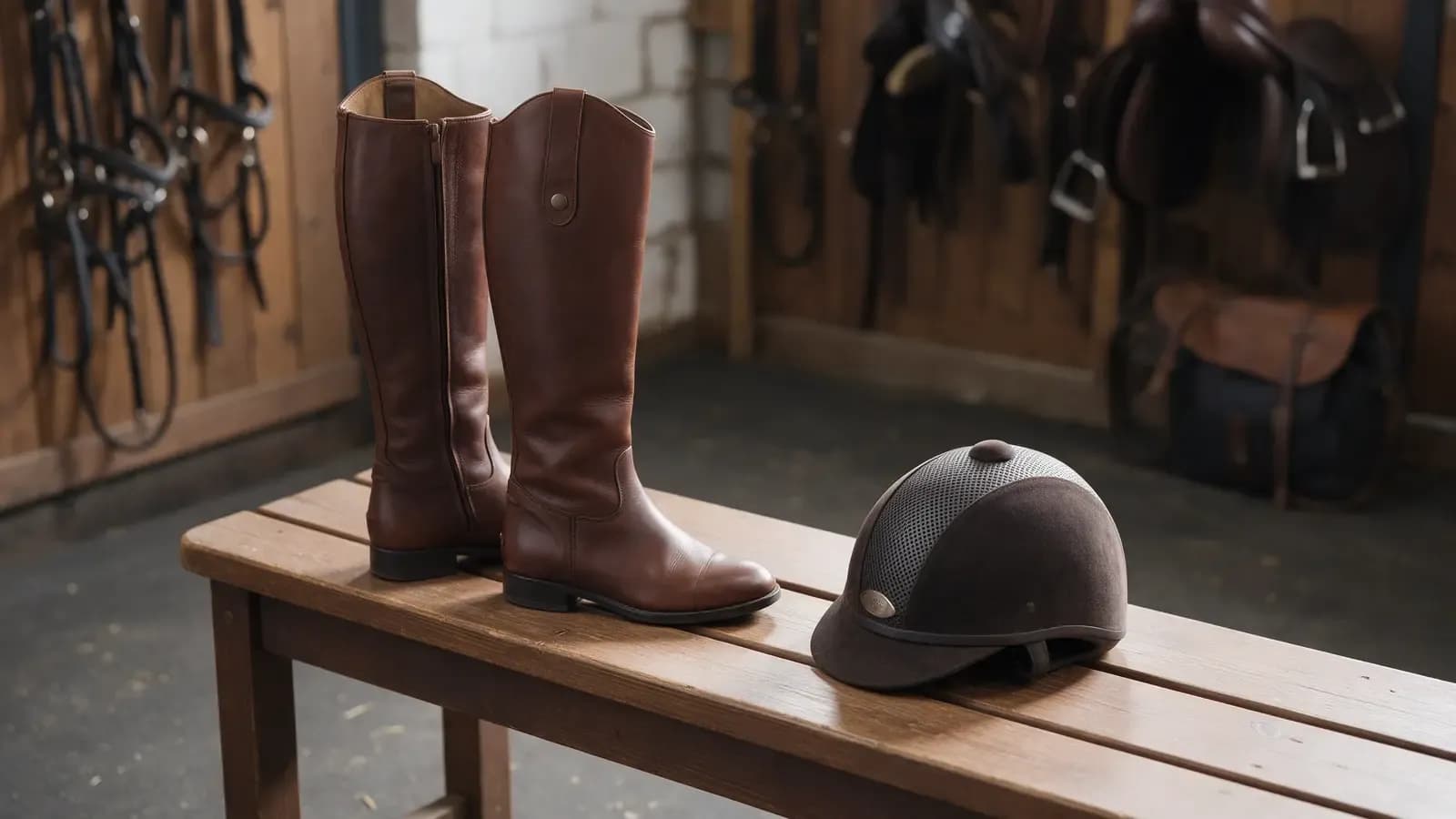 Botas de montaria e capacete sobre um banco na selaria