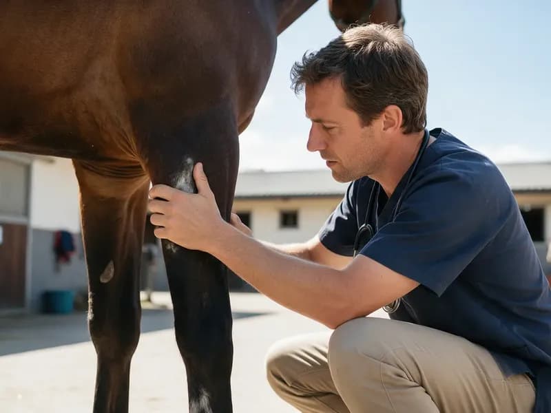 Veterinário examinando a perna de um cavalo