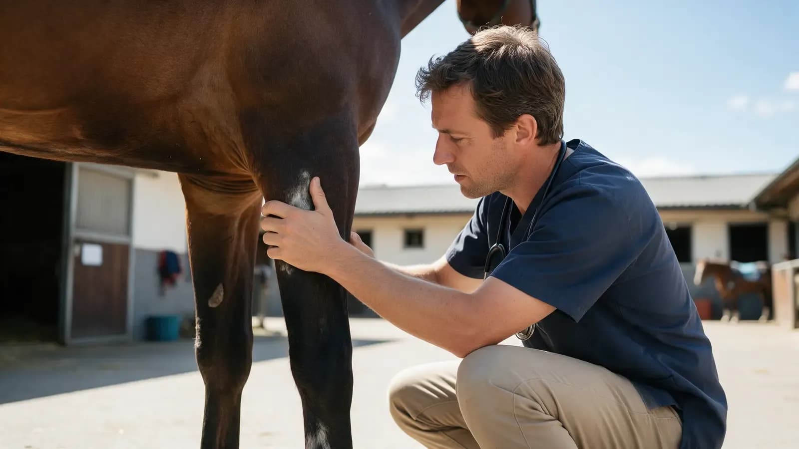 Veterinário examinando a perna de um cavalo