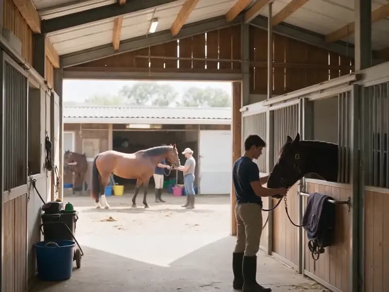 Corredor de baias em um haras com cavalos
