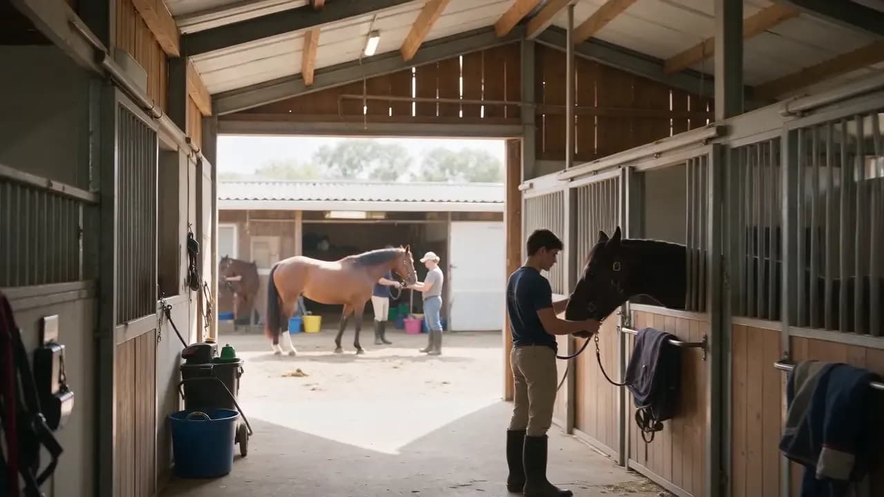 Corredor de baias em um haras com cavalos