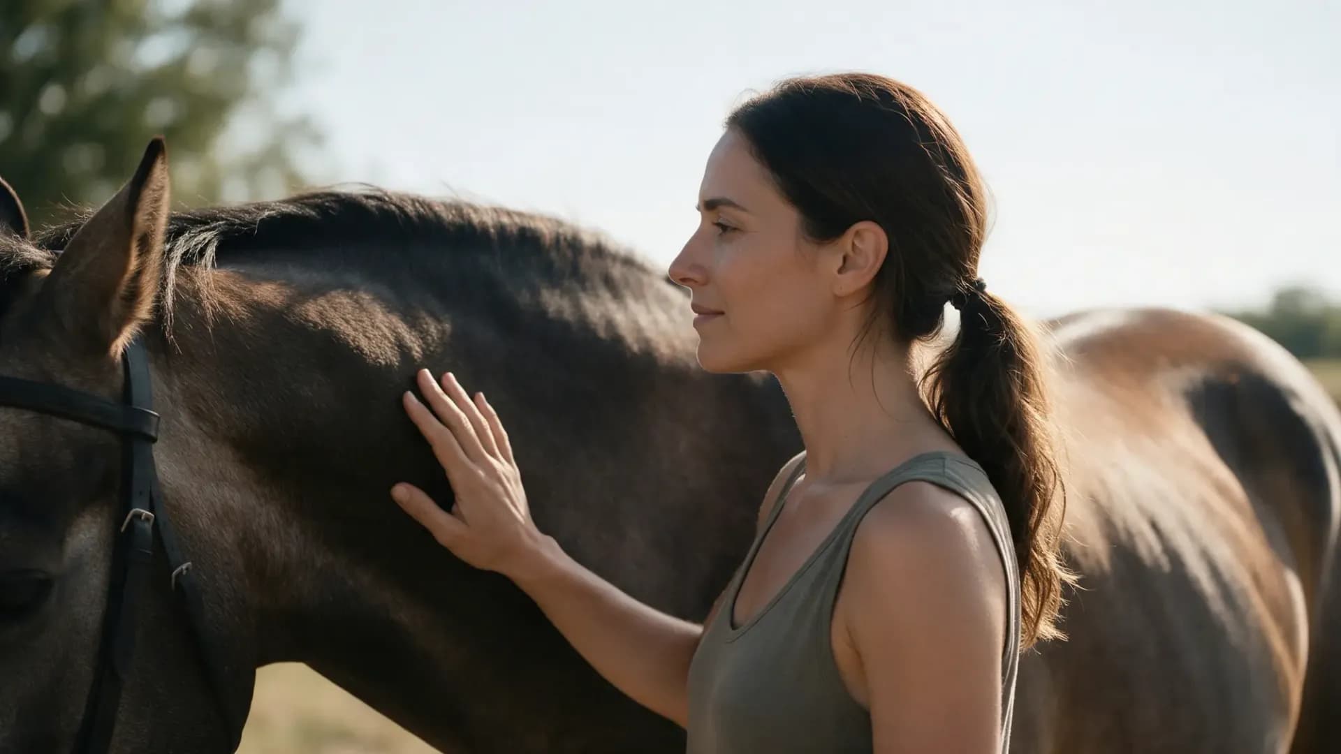 Mulher tocando o pescoço de um cavalo
