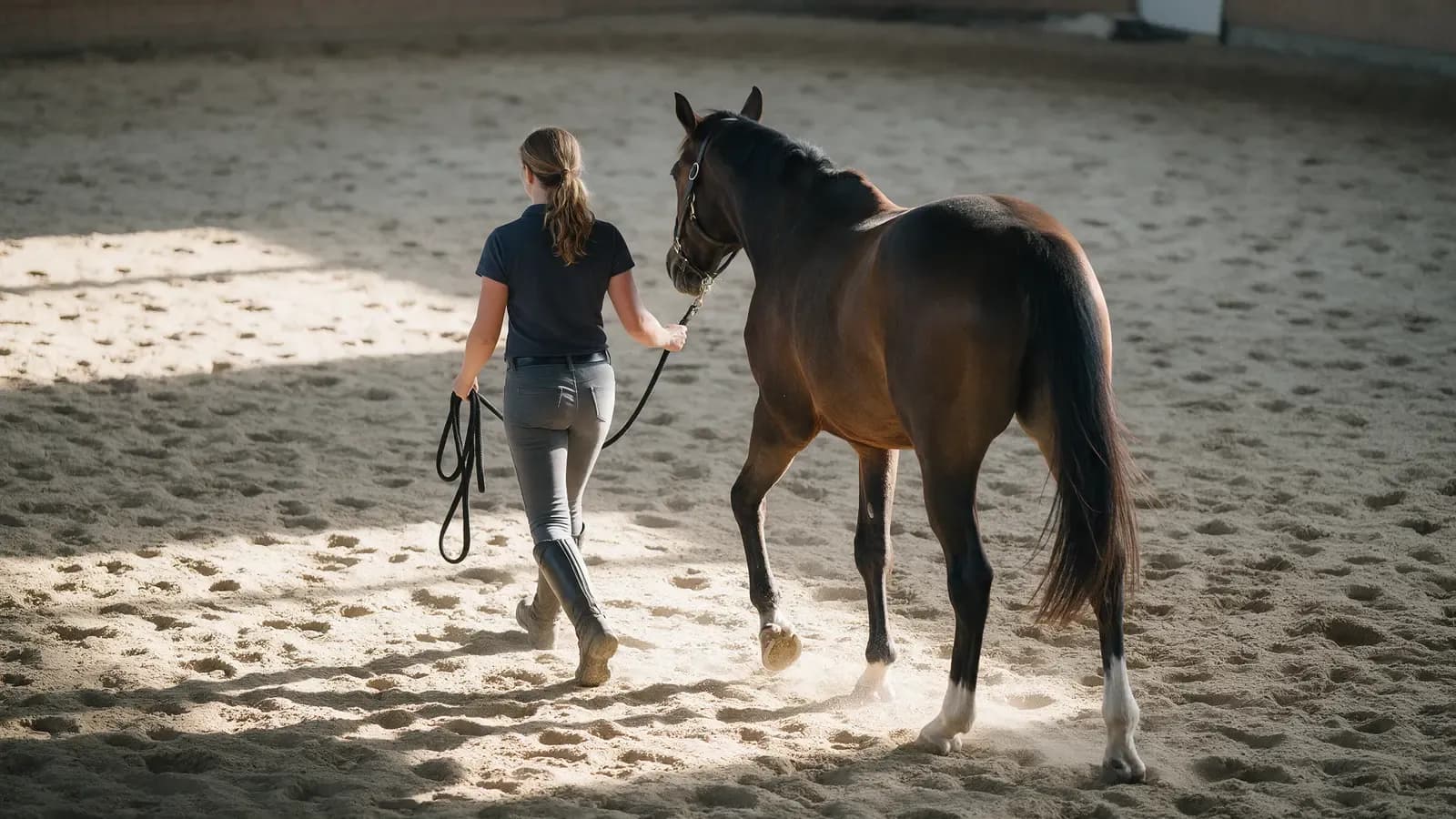Treinadora conduzindo um cavalo em uma pista de areia