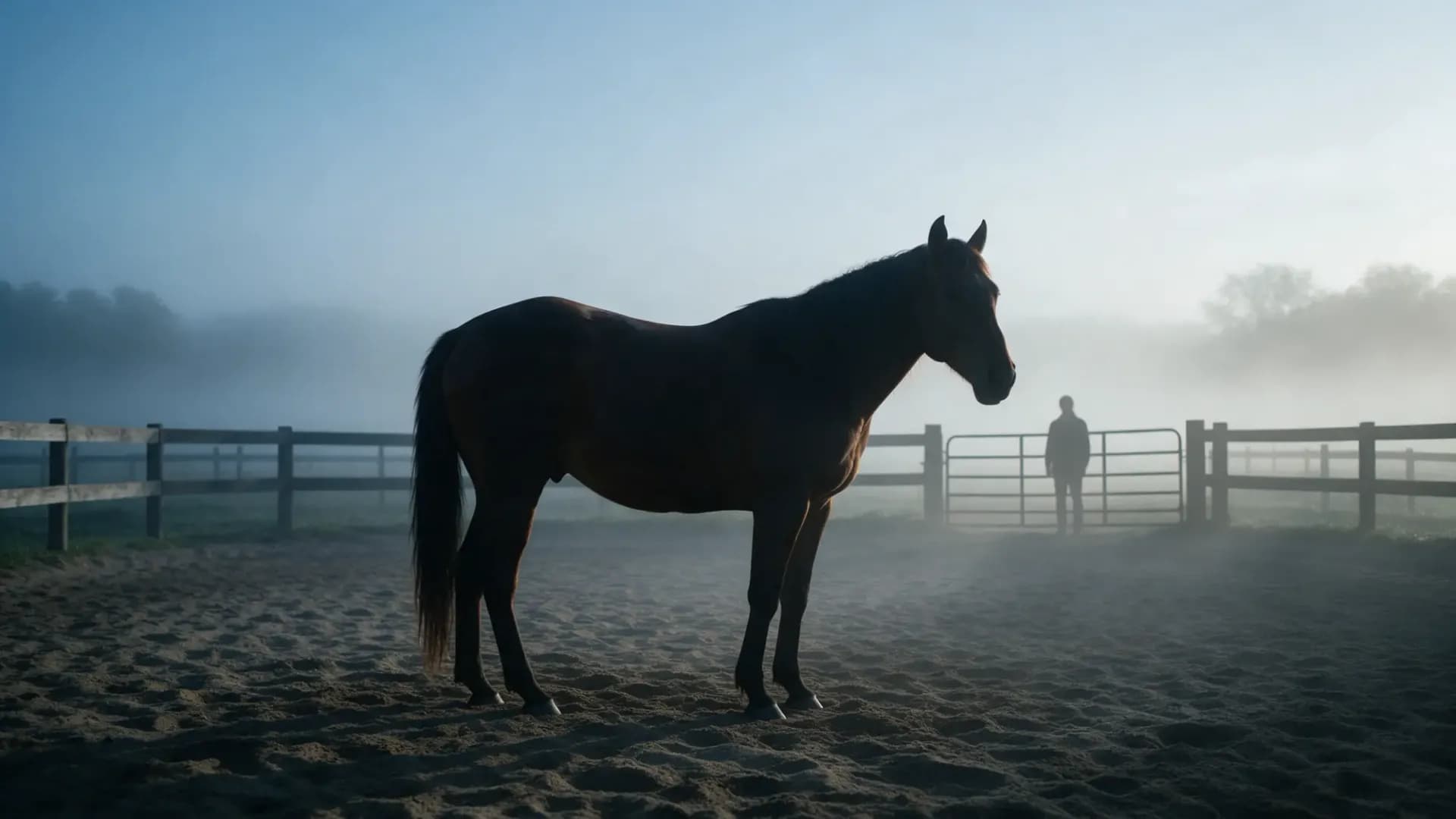 Cavalo em um paddock com neblina