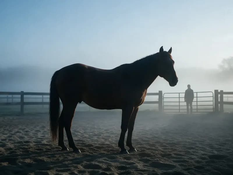 Cavalo em um paddock com neblina