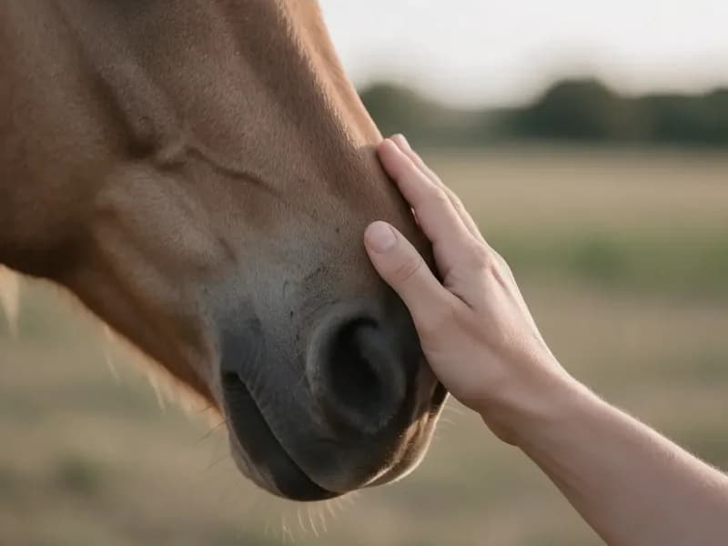 Mão tocando o focinho de um cavalo