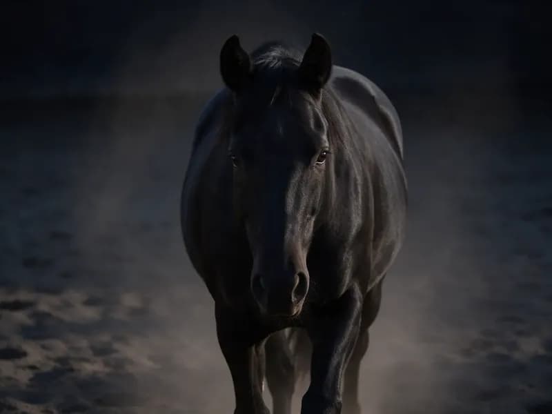 Cavalo escuro caminhando em direção à câmera numa arena de areia