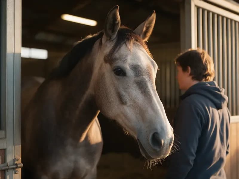 Cavalo atento na porta da baia, com uma pessoa ao lado