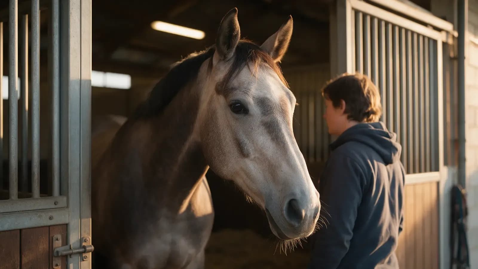Cavalo atento na porta da baia, com uma pessoa ao lado