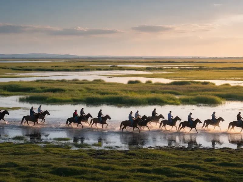 Cavaleiros atravessando uma área alagada ao entardecer