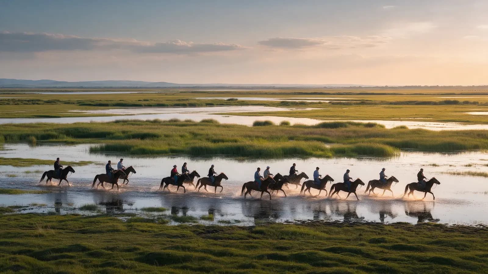 Cavaleiros atravessando uma área alagada ao entardecer