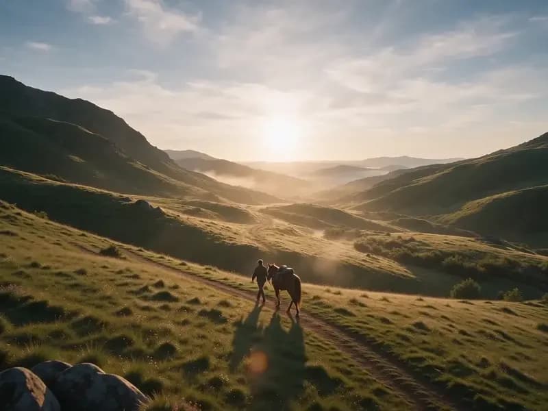 Colinas verdes com cavalos ao nascer do sol