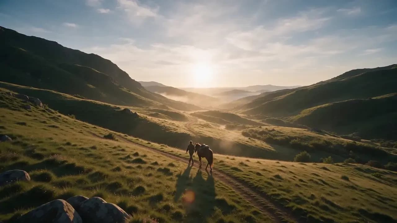 Colinas verdes com cavalos ao nascer do sol